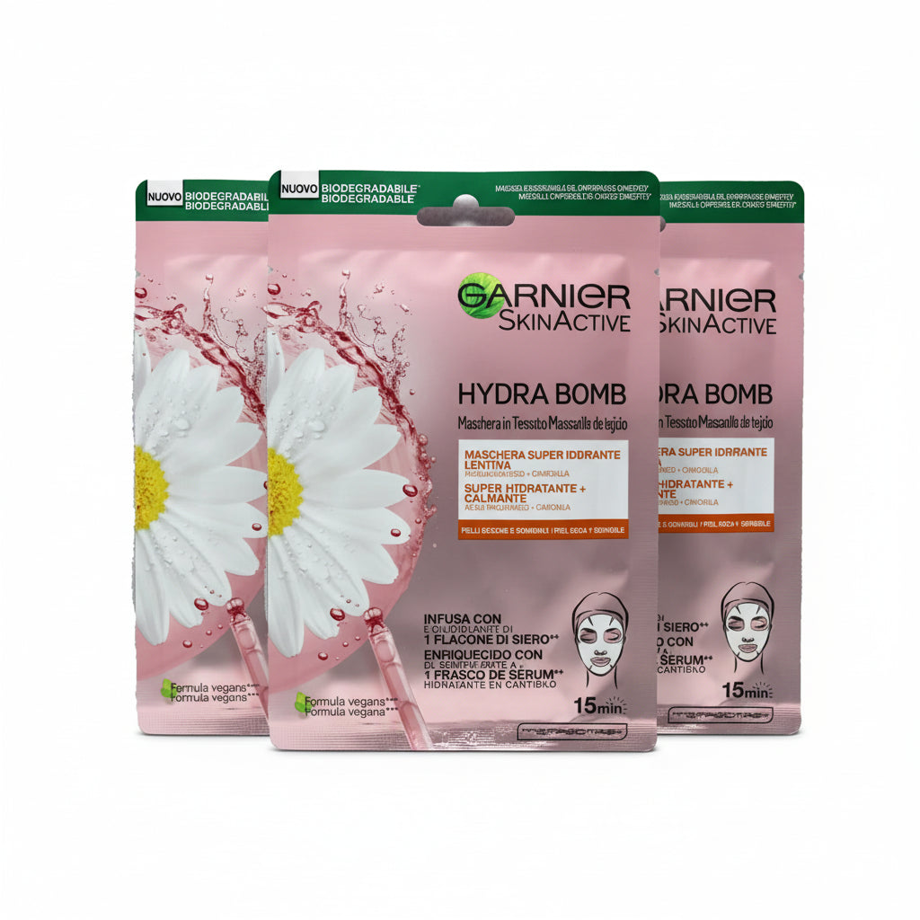 Garnier Maschera In Tessuto Hydra Bomb Lenitiva Con Acido Ialuronico 3 Pezzi