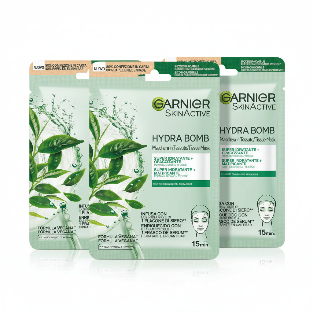 Garnier Maschera In Tessuto Hydra Bomb Opacizzante Con Acido Ialuronico 3 Pezzi